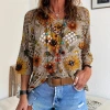 European and American cross-border Amazon Spring/Summer V-neck, cutout bat sleeves, plant and flower printed women's sweater blouse Item Picture